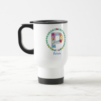 Flower Letters Initial "P" with Personalised name Travel Mug