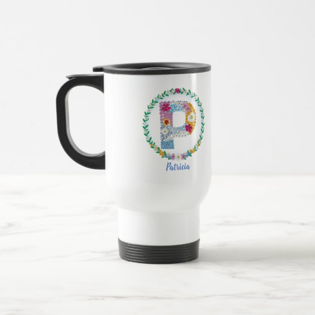 Flower Letters Initial "P" with Personalised name Travel Mug (Left)