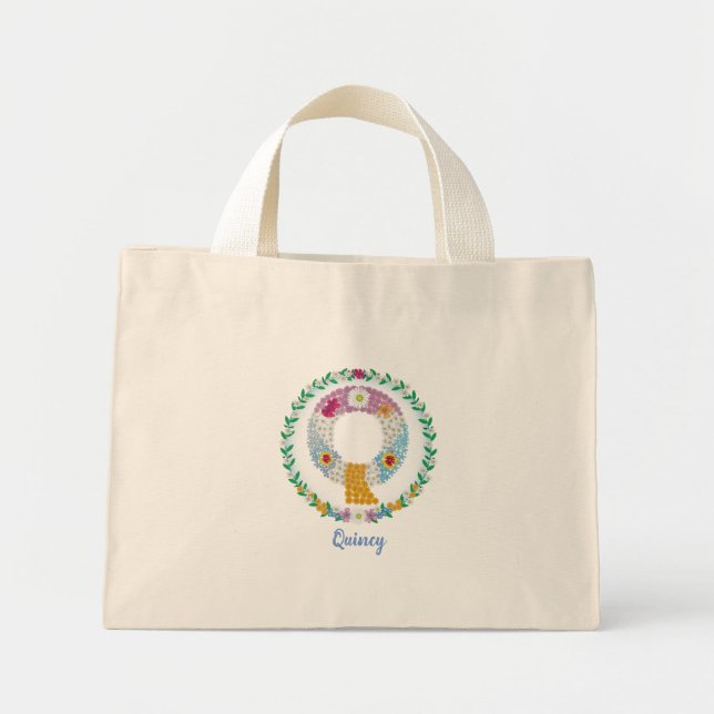 Flower Letters Initial "Q" with Personalised name Mini Tote Bag (Front)