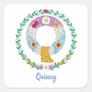 Flower Letters Initial "Q" with Personalised name Square Sticker