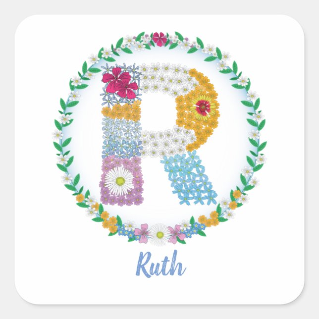 Flower Letters Initial "R" with Personalised name Square Sticker (Front)