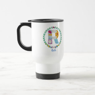 Flower Letters Initial "R" with Personalised name Travel Mug