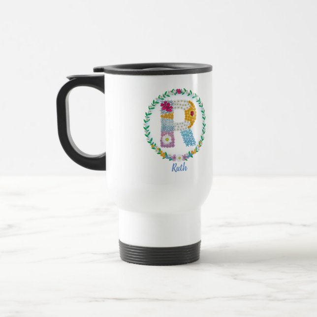 Flower Letters Initial "R" with Personalised name Travel Mug (Left)