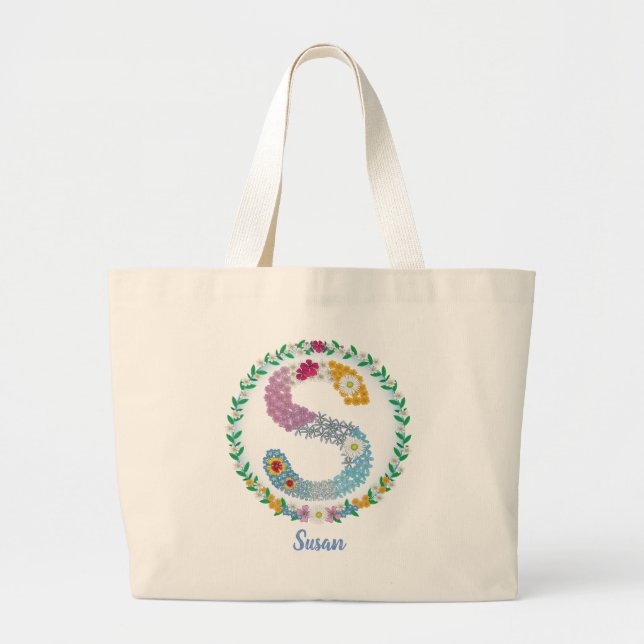 Flower Letters Initial "S" with Personalised name Large Tote Bag (Front)