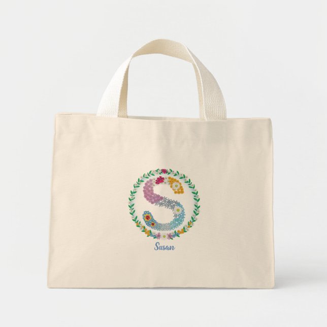 Flower Letters Initial "S" with Personalised name Mini Tote Bag (Front)