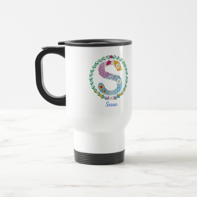 Flower Letters Initial "S" with Personalised name Travel Mug (Left)