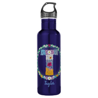 Flower Letters Initial "T" with Personalised name 710 Ml Water Bottle