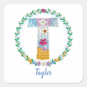 Flower Letters Initial "T" with Personalised name Square Sticker
