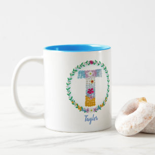 Flower Letters Initial "T" with Personalised name Two-Tone Coffee Mug