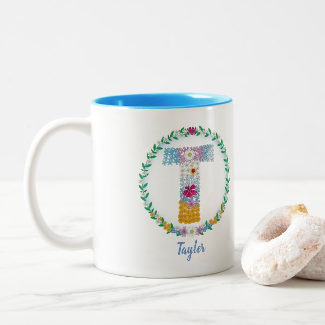 Flower Letters Initial "T" with Personalised name Two-Tone Coffee Mug (With Donut)