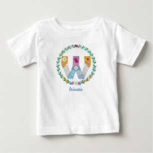 Flower Letters Initial "W" with Personalised name Baby T-Shirt