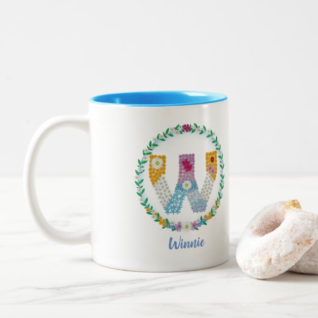 Flower Letters Initial "W" with Personalised name  Two-Tone Coffee Mug (With Donut)