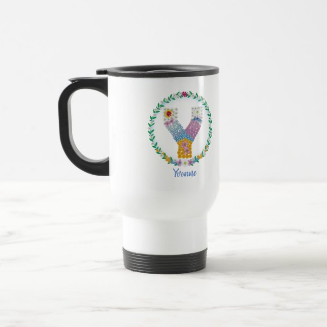 Flower Letters Initial "Y" with Personalised name Travel Mug (Left)