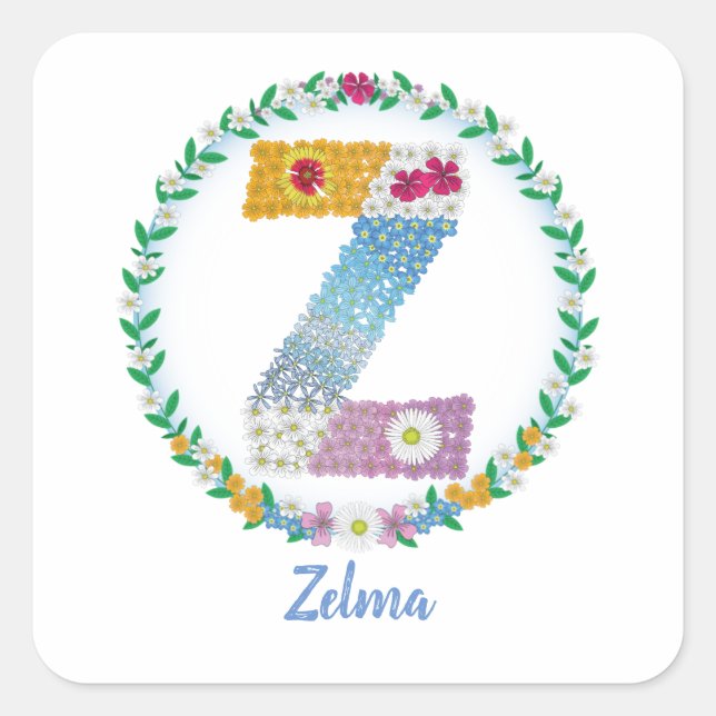 Flower Letters Initial "Z" with Personalised name Square Sticker (Front)