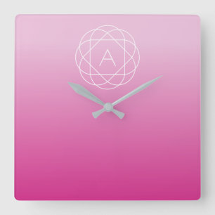 Flower-Like Geometric Monogram Pink Shaded Ombre Square Wall Clock