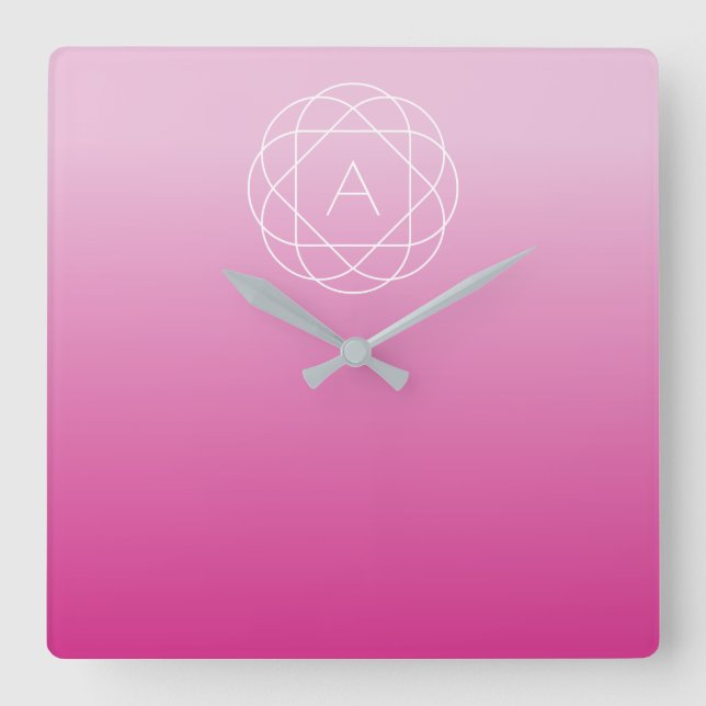 Flower-Like Geometric Monogram | Pink Shaded Ombre Square Wall Clock (Front)