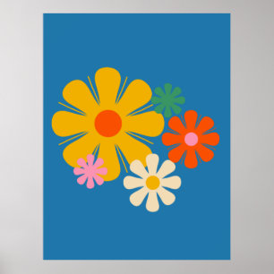 Flower Locus Reto 60s 70s Floral on Blue Poster