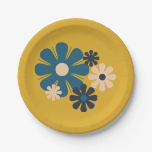 Flower Locus Retro 60s 70s Floral Pattern Mustard  Paper Plate