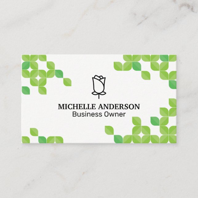 Flower Logo | Green Leaf Pattern Business Card (Front)