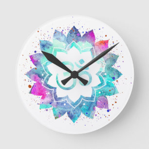 *~* Flower Lotus Mandala  OM AUM Symbol Watercolor Round Clock