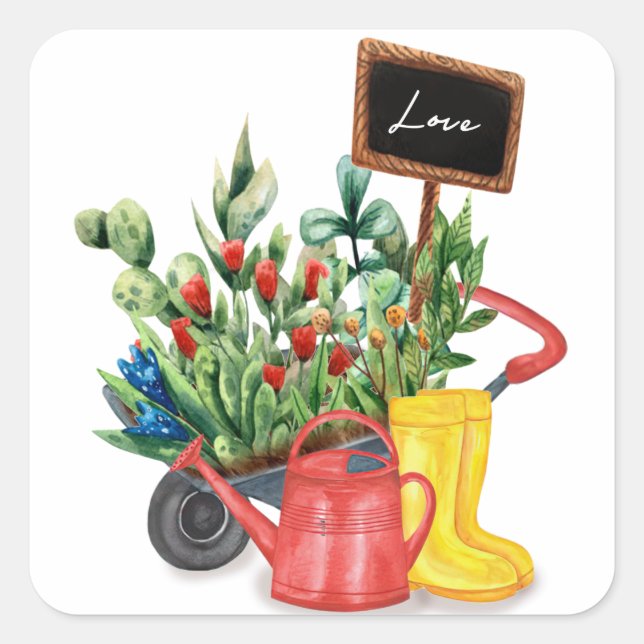 Flower love tulips watering can rubber boots square sticker (Front)