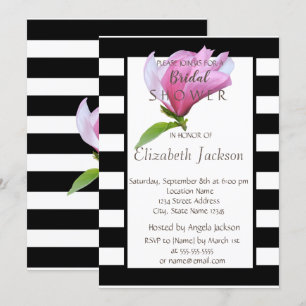 Flower,Magnolia Black White Stripes Bridal Shower Invitation