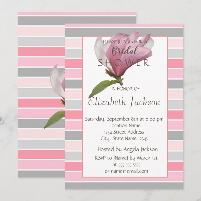 Flower,Magnolia  Stripes Bridal Shower Invitation (Front/Back)
