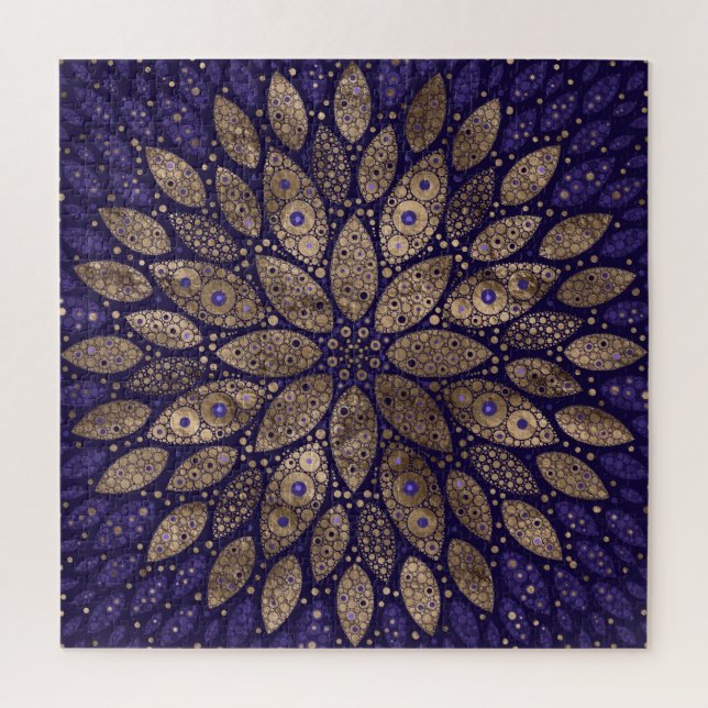 Flower Mandala - Dot Art - Purple and Gold Jigsaw Puzzle (Vertical)