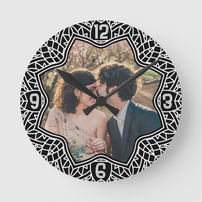 Flower Mandala Floral Shaped Custom Photo Black Round Clock (Front)