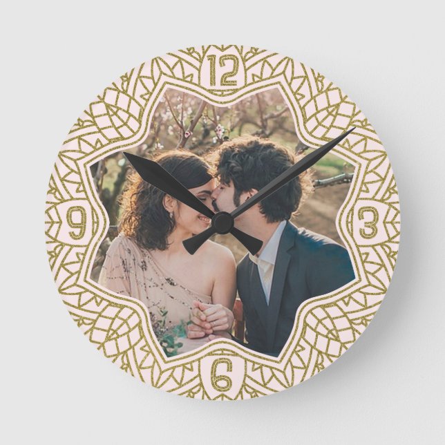 Flower Mandala Floral Shaped Photo Blush Pink Gold Round Clock (Front)