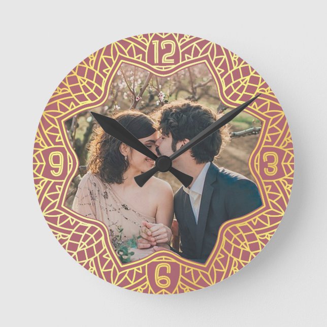 Flower Mandala Floral Shaped Photo Rose Pink Gold Round Clock (Front)