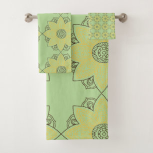 Flower Mandala Green & Yellow Bath Towel Set