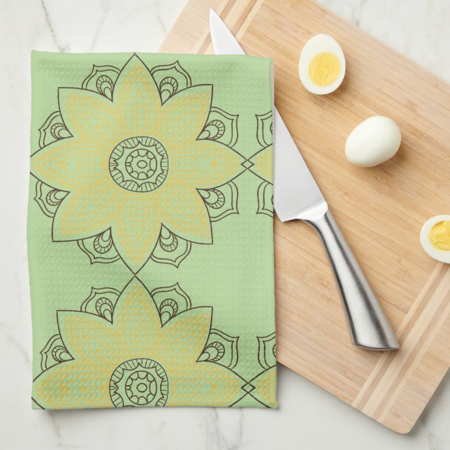 Flower Mandala Green & Yellow Tea Towel (Quarter Fold)