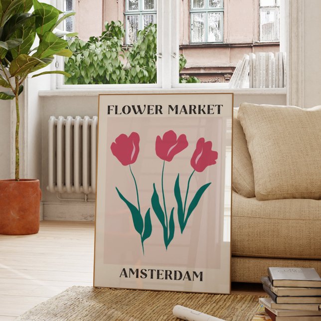 Flower Market Amsterdam Pink Tulips Floral Poster (In situ Living room)