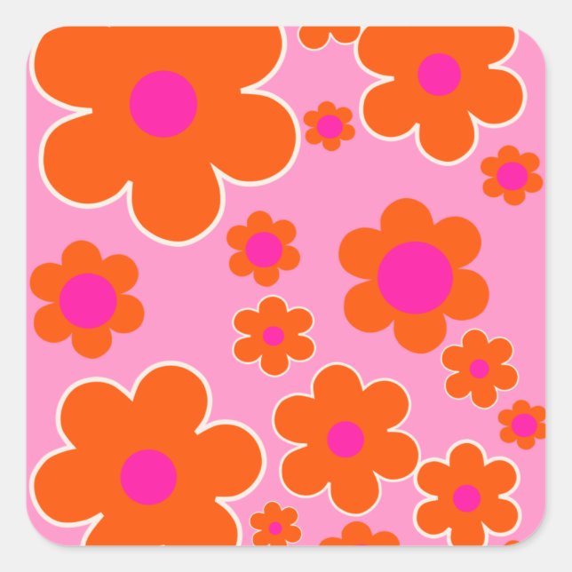 Flower Market Amsterdam Retro Flowers Pink Orange Square Sticker (Front)