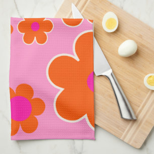 Flower Market Amsterdam Retro Flowers Pink Orange Tea Towel