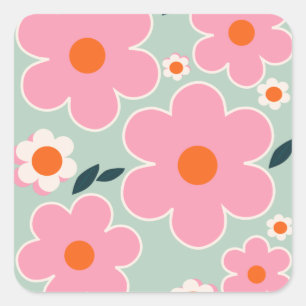 Flower Market Madrid Floral Art Pink Orange Green Square Sticker