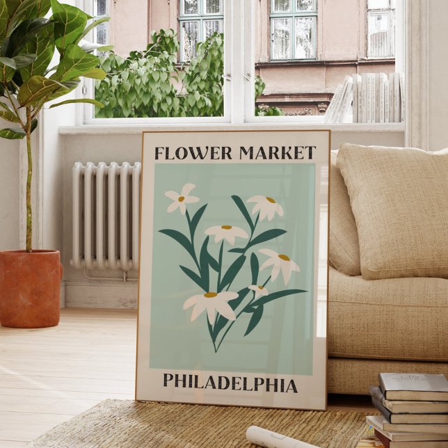 Flower Market Philadelphia White Daisy Floral Poster (In situ Living room)