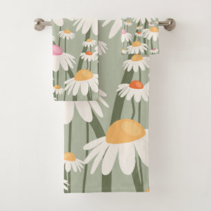 Flower Market Tokyo Retro Daisies Sage Green Bath Towel Set
