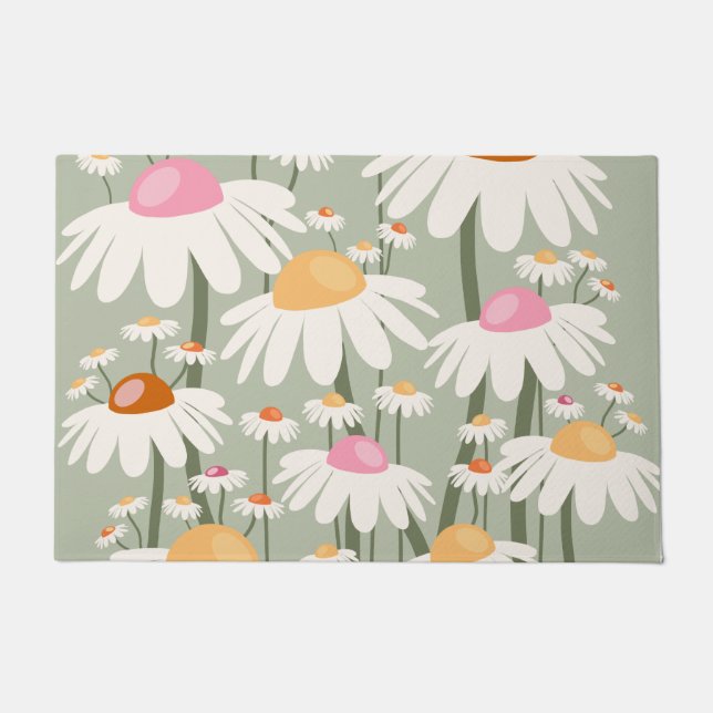 Flower Market Tokyo Retro Daisies Sage Green Doormat (Front)