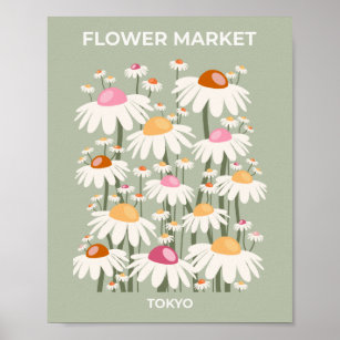 Flower Market Tokyo Retro Daisies Sage Green Poster