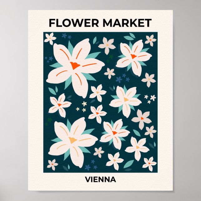 Flower Market Vienna Navy Blue Cream White Floral Poster (Front)