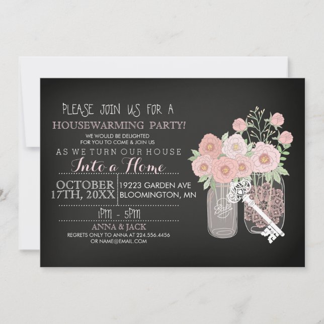 Flower Mason Jar Chalkboard Housewarming Invite (Front)