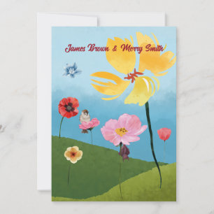 Flower Meadow Tiny Bird and Sleeping Bat Wedding Invitation