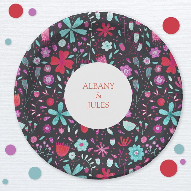 Flower Meadow Watercolor Dark Paper Plate (Dark boko floral personalized wedding celebration paper plate)