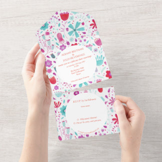 Flower Meadow Watercolor Teal All In One Invitation
