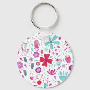 Flower Meadow Watercolor Teal Key Ring