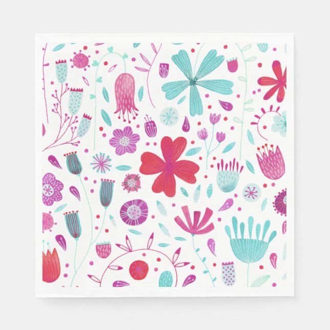 Flower Meadow Watercolor Teal Napkin (Front)