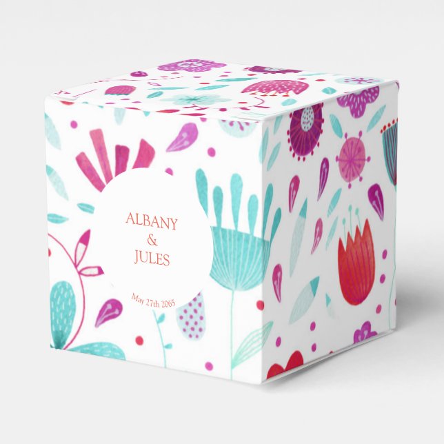Flower Meadow Watercolor Teal Wedding Favour Box (Front Side)
