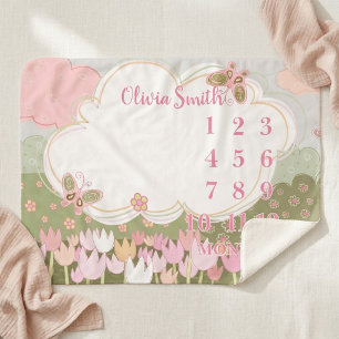 Flower Milestone Blanket, Baby Girl Butterflies Sherpa Blanket